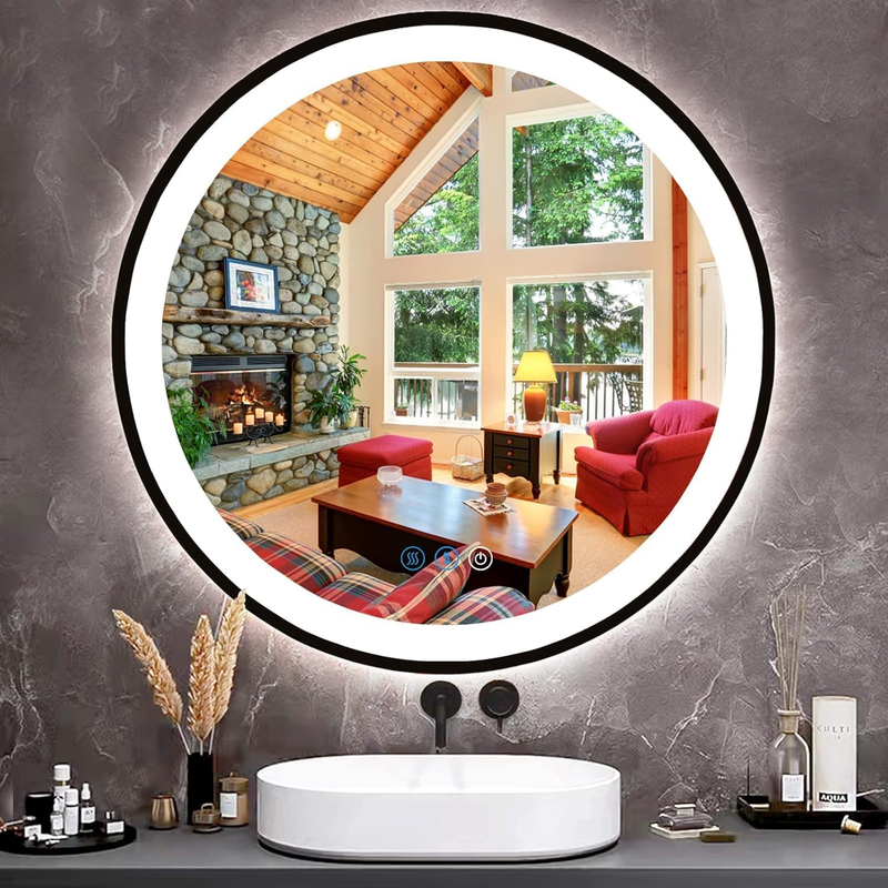 Black Frame round Lighted Vanity Mirror with Lights Smart Memory 3 Color Dimmable Frontlight Anti-Fog 20 Inch Black Framed Circle round LED Mirror for Bathroom Wall Makeup