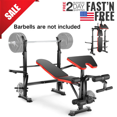 Adjustable Incline Seat Weight Bench 600LBS Multi-Function w/ Barbell Rack Home~