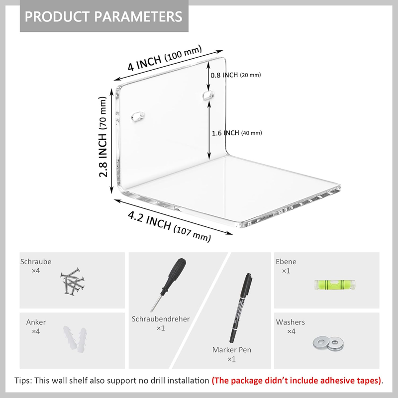 4 Inches Clear Small Wall Shelves, 4mm Thickness Acrylic Small Floating Shelf fo