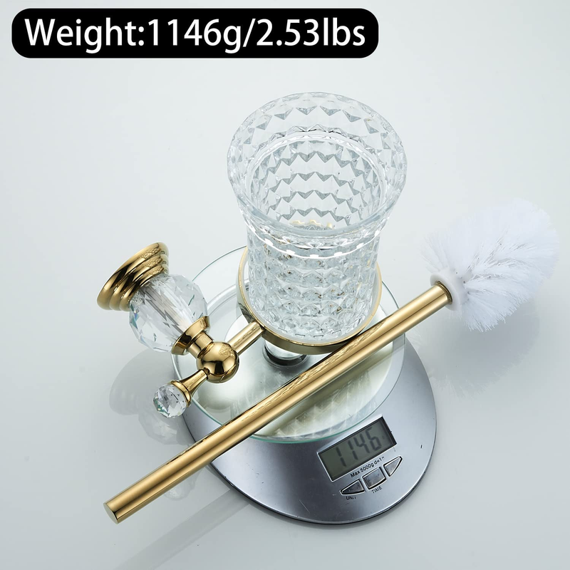 Crystal Toilet Brush Holder, Polished Gold Brush Handle with Replaceable Brush H