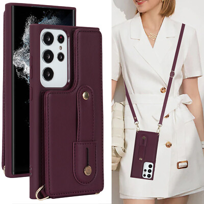 For Samsung Galaxy S24 Ultra S23 S22 Crossbody Wallet Case Leather Strap Stand