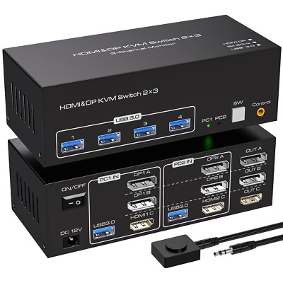 8K 60Hz HDMI+2 Displayport KVM Switch 3 Monitors 2 Computers USB 3.0 Black