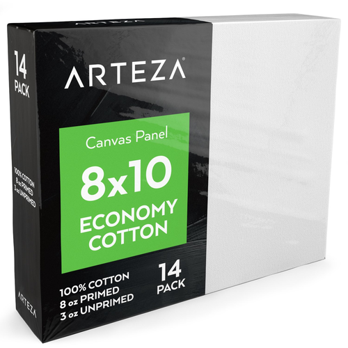 Arteza 8x10” White Blank Canvas Panels Boards, Bulk Pack of 14, Primed, 100% for
