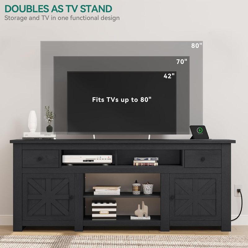 Farmhouse TV Stand, Entertainment Center with Power Outlet for Tvs up to 80 Inch