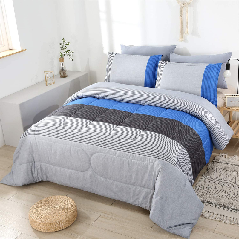 Queen Size, 3pcs Blue And Grey Patchwork Comforter Be