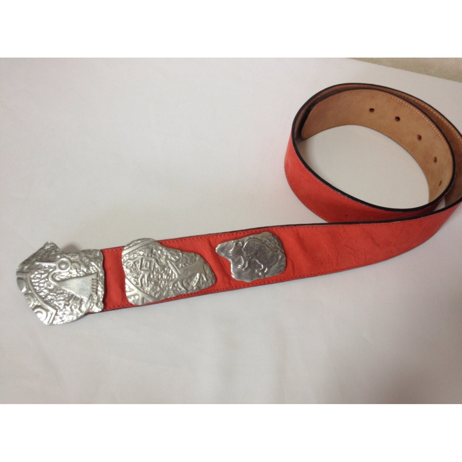 Vintage Carlos Falchi red suede leather belt with silver fun 