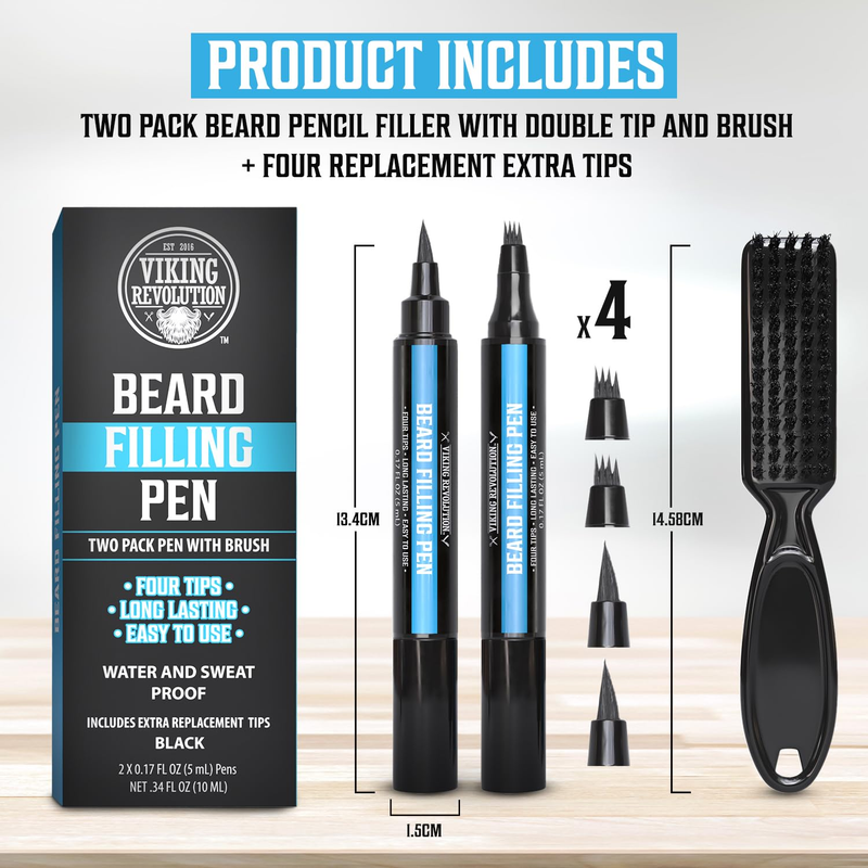 Viking Revolution Beard Pen (2 Pack) - Black Beard Pencil Filler for Men Lapiz P