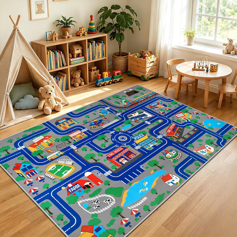 Capslpad Kids Rug Educational Play Rug 5.2'X3.3' Traffic Road Kids Play Car Mat