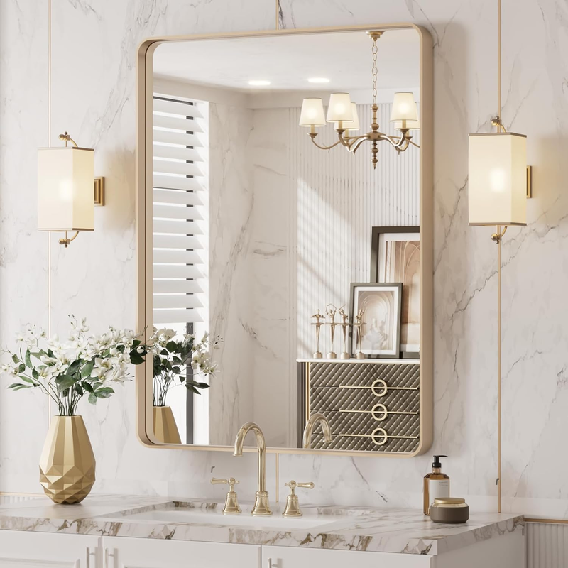 20”X30” Gold Bathroom Mirror, Rounded Rectangle Gold Frame Mirror, Brushed Gold Bathroom Vanity Mirror Wall-Mounted, Anti-Rust, Hangs Horizontally or Vertically