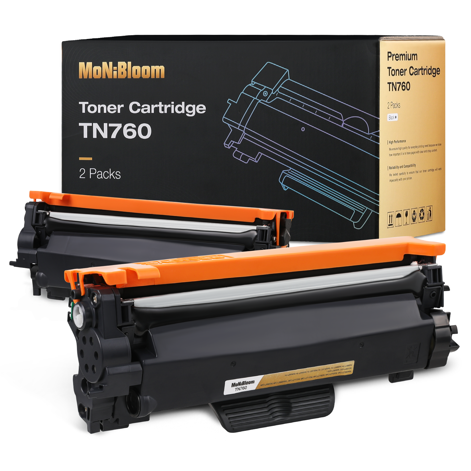 2PK TN760/730 Toner Cartridge Replacement w/Chip for Brother MFC-L2710DW L2750DW