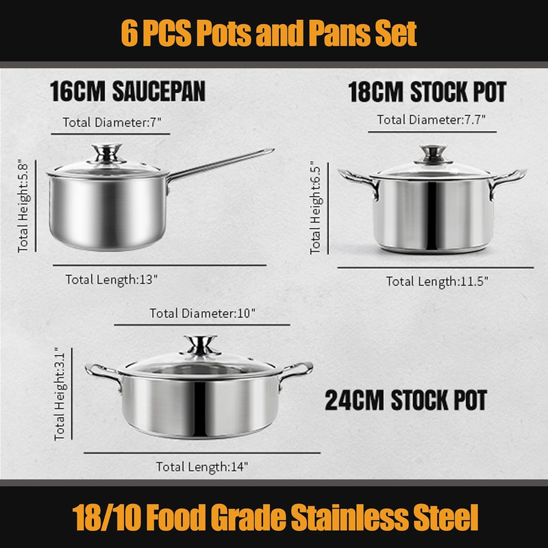 6-Piece Stainless Steel Nonstick Pots and Pans Set for Induction Gas Electric