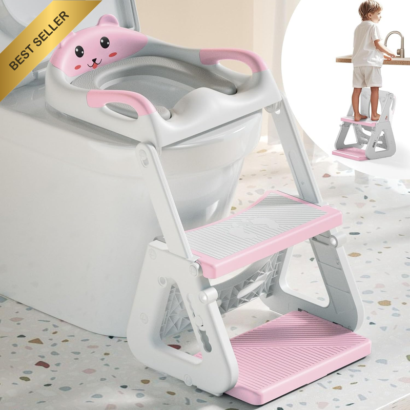 2-in-1 Toddler Potty Training Toilet Seat with Ladder Soft Cushion Splash Guard