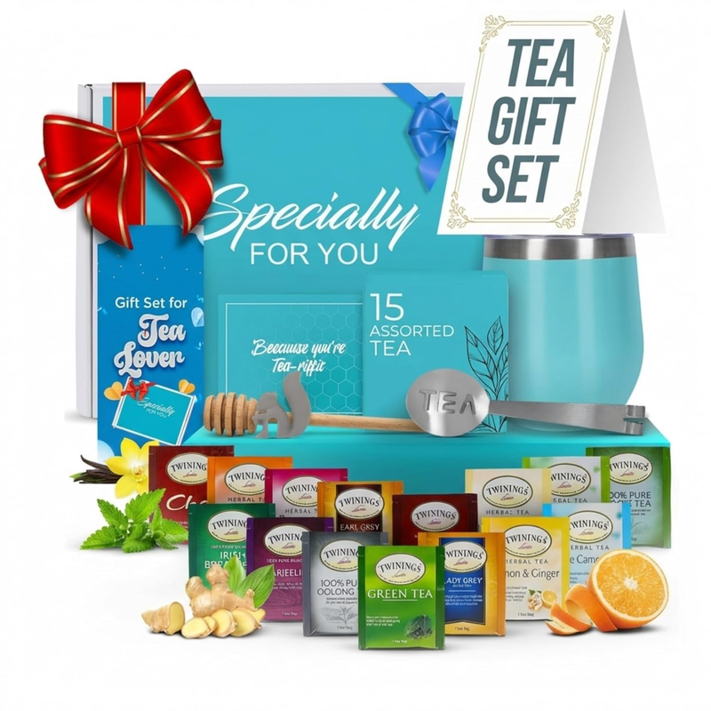 Tea Tumbler Gift Set 12oz Insulated Cup w Tea Blends Honey Straw Spoon