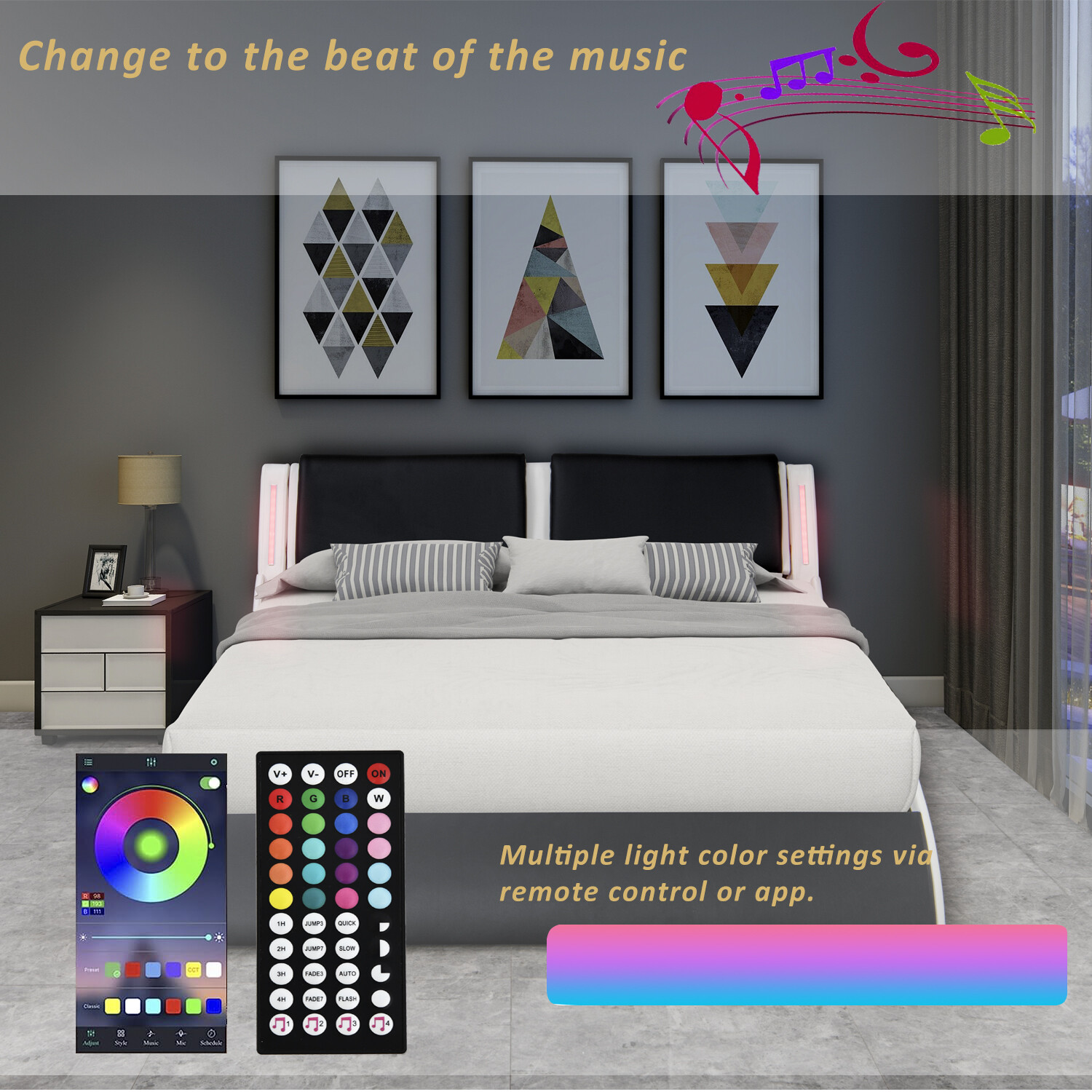 With Led Light Headboard,wave Like Curve Low Profile Bed Frame.