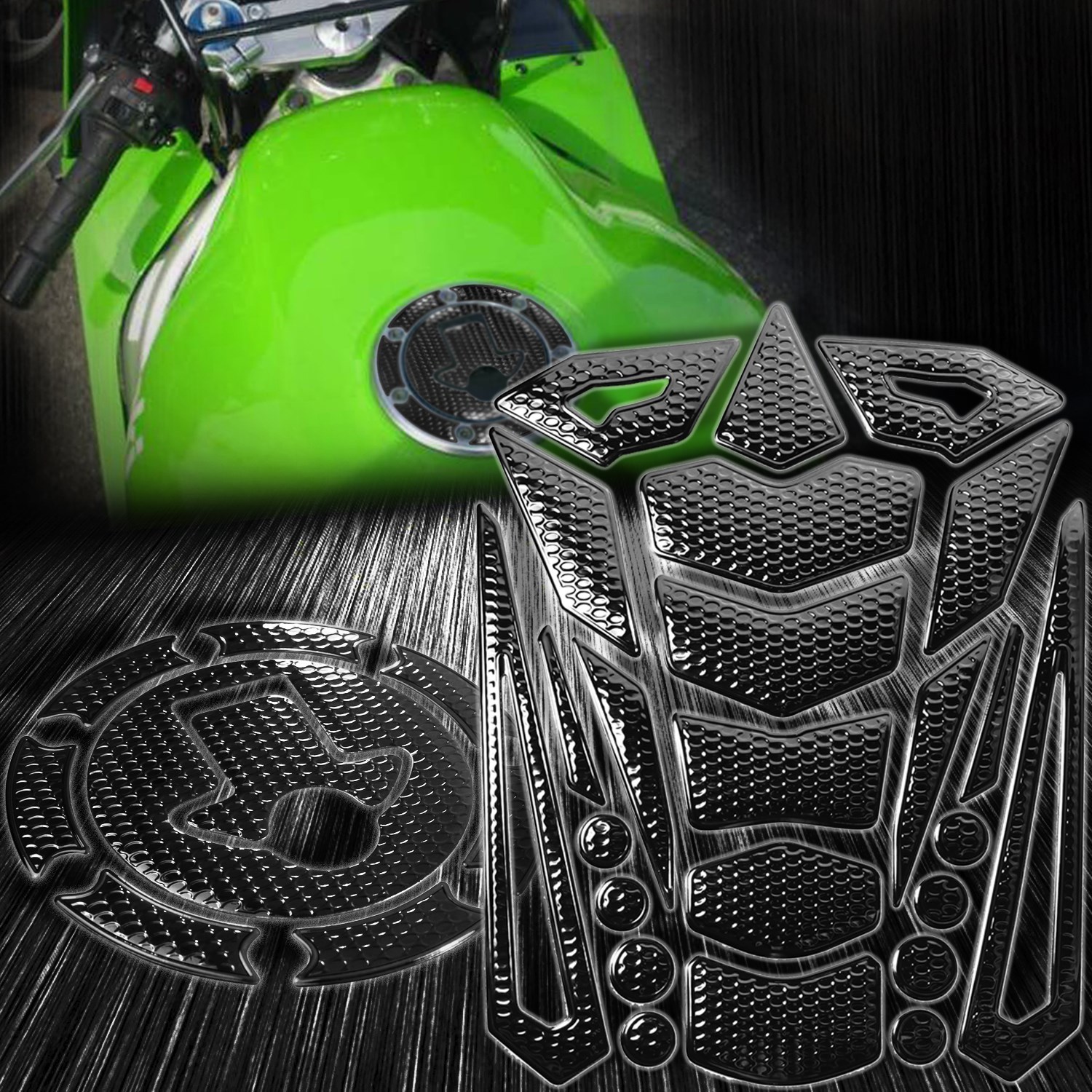 24PCs Perforated Black Tank Pad+Fuel Cap Cover Ninja 500/ZX-6R/7R