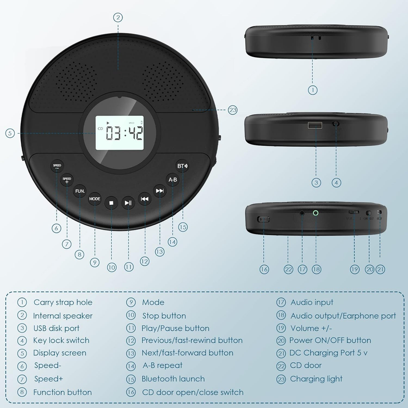CD Player Portable, Bluetooth CD Player with Dual Speaker, Discman Rechargeable