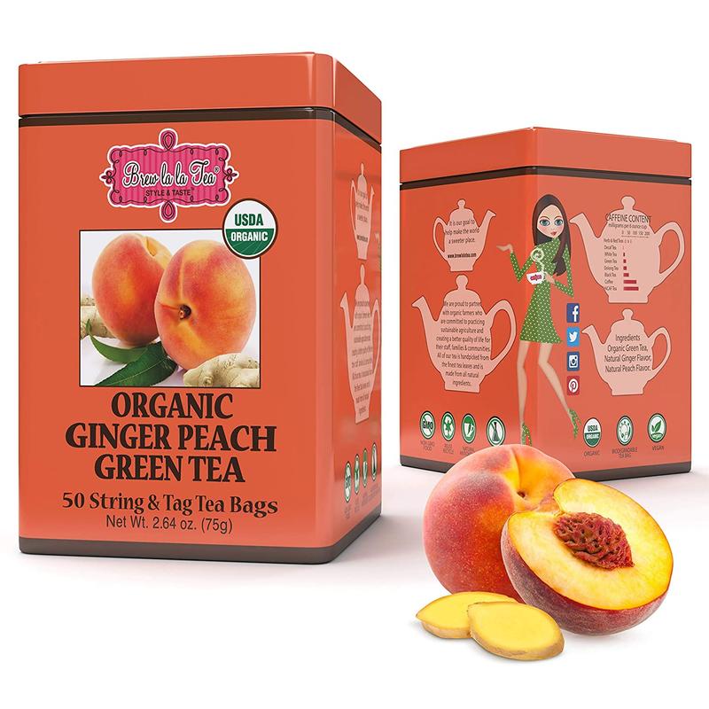 Brew La La Organic Green Tea - Natural Ginger Peach Flavor - 50 Double Chambered