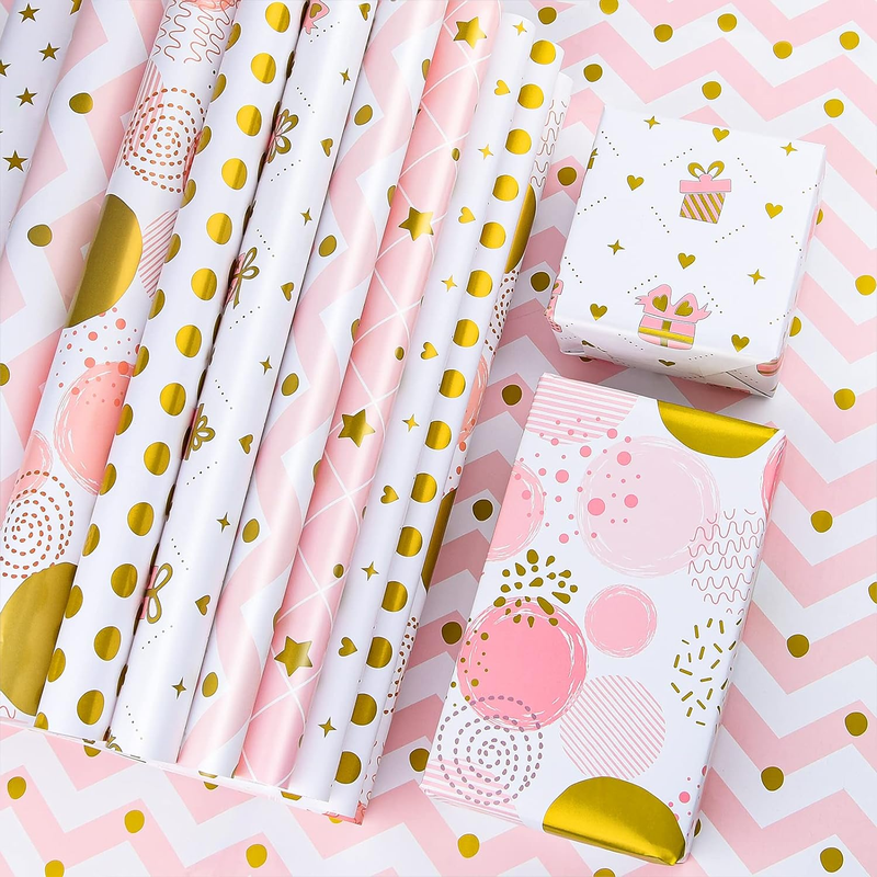 PLULON 6 Sheets Gold and Pink Birthday Gift Wrapping Paper, Gold Pink Gift