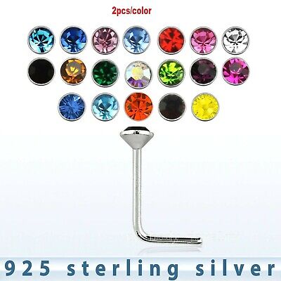 2pcs. 22g 2.5mm Flat Crystal .925 Sterling Silver L-Shaped Nose Stud Ring