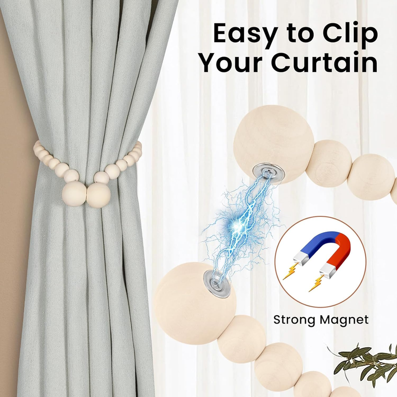 Magnetic Curtain Tiebacks, Curtain Tie Backs for Curtains 2 Pack, Wood Bead Curt
