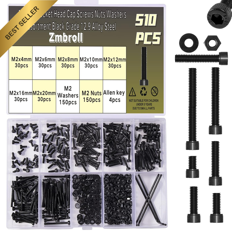 510 Pcs M2 Socket Cap Screws Metric Hex Bolt Nuts Washers 12.9 Grade Alloy Steel