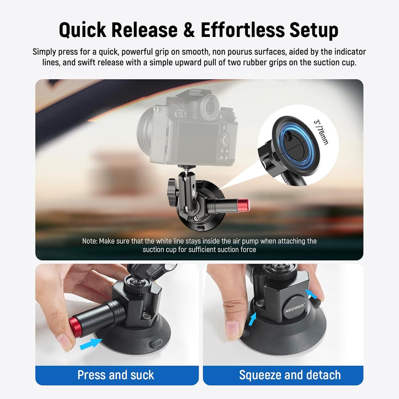 3" Suction Cup Camera Mount Bracket with Ball Head Magic Arm, 1/4" ARRI Holes, Q
