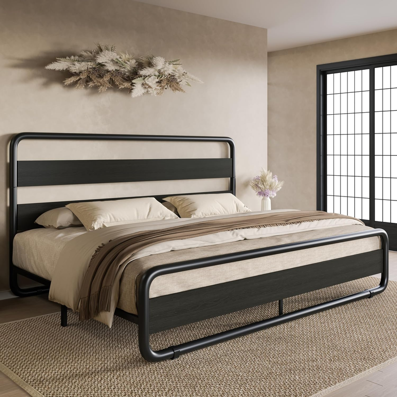 Queen Size Metal Bed Frame with Wooden Headboard and Footboard, Heavy Duty Oval-
