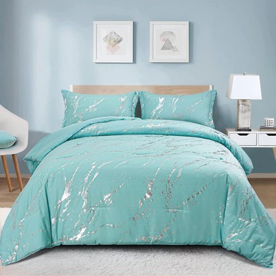 WONGS BEDDING Aqua Silver Metallic Marble Comforter Set Queen Foil Print Glitter