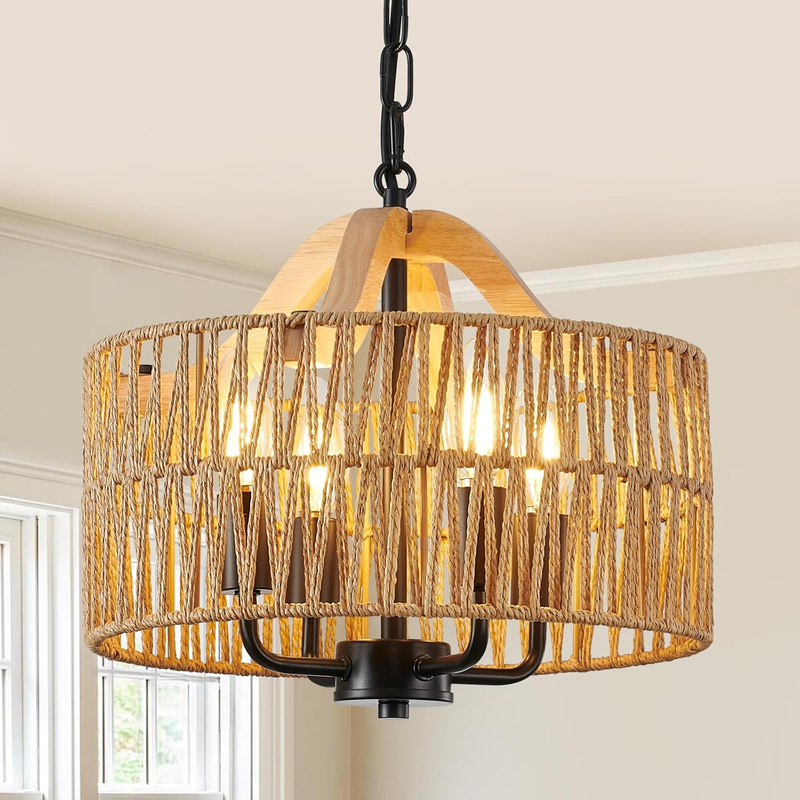 Rattan Pendant Light Fixtures, 4-Light Boho Chandelier with Woven Drum Shade, Farmhouse Dining Room Ceiling Hanging Lamp, Small Wicker Coastal Pendant Lighting for Kitchen Island Hallway