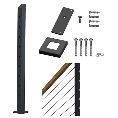 Cable Railing Post 36''x2''x2''x0.12'' Deck Railing Pre-Drilled Angled Holes Black