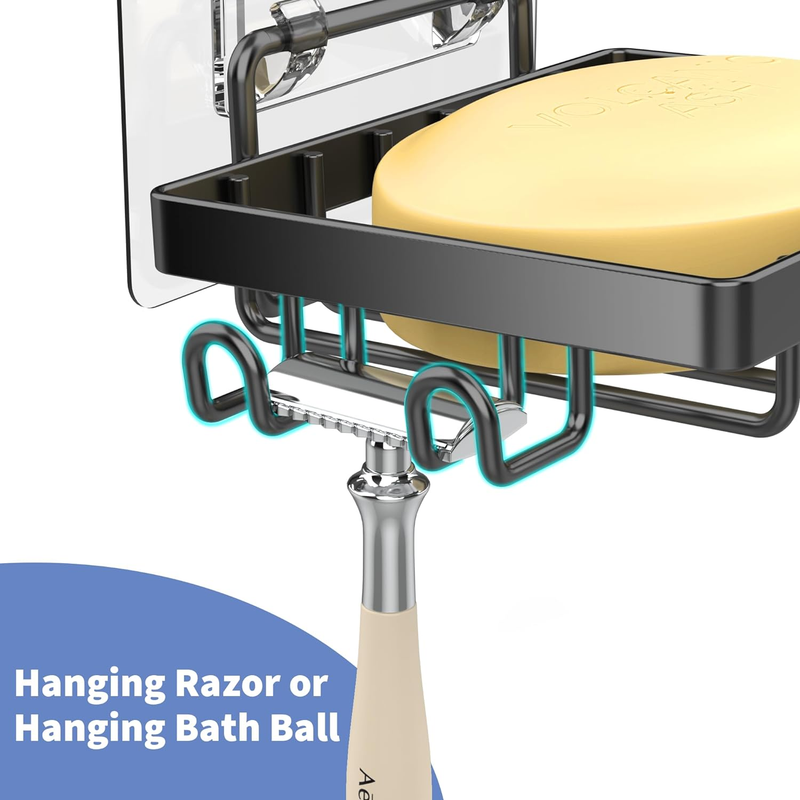 Soap Dish with Hooks and Razor Holder: No Drilling, Wall Mounted for Shower