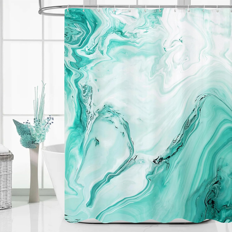 Teal Blue Marble Fabric Shower Curtain, Abstract Watercolor, 72 X 72