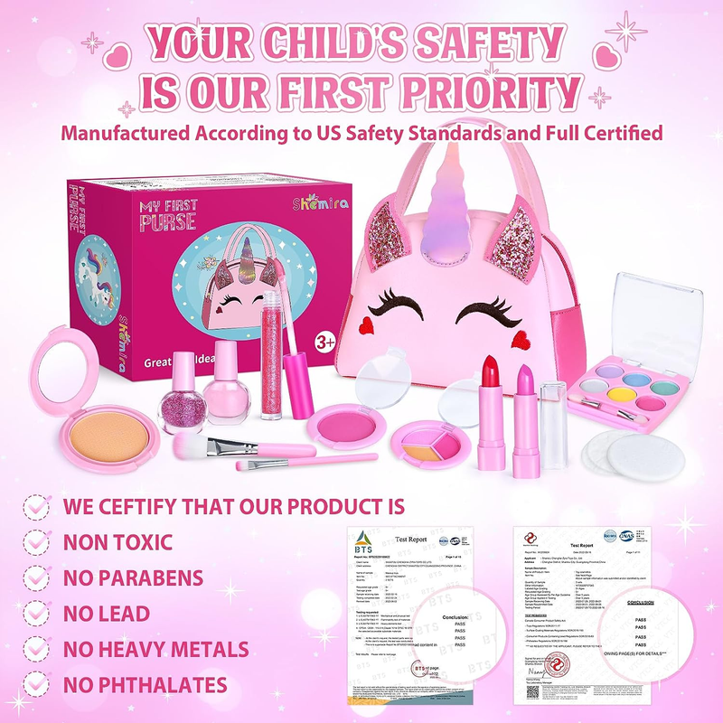 Kids Washable Makeup Kit Toy for Girl, with Unicorn Play Purse, Real Makeup Set