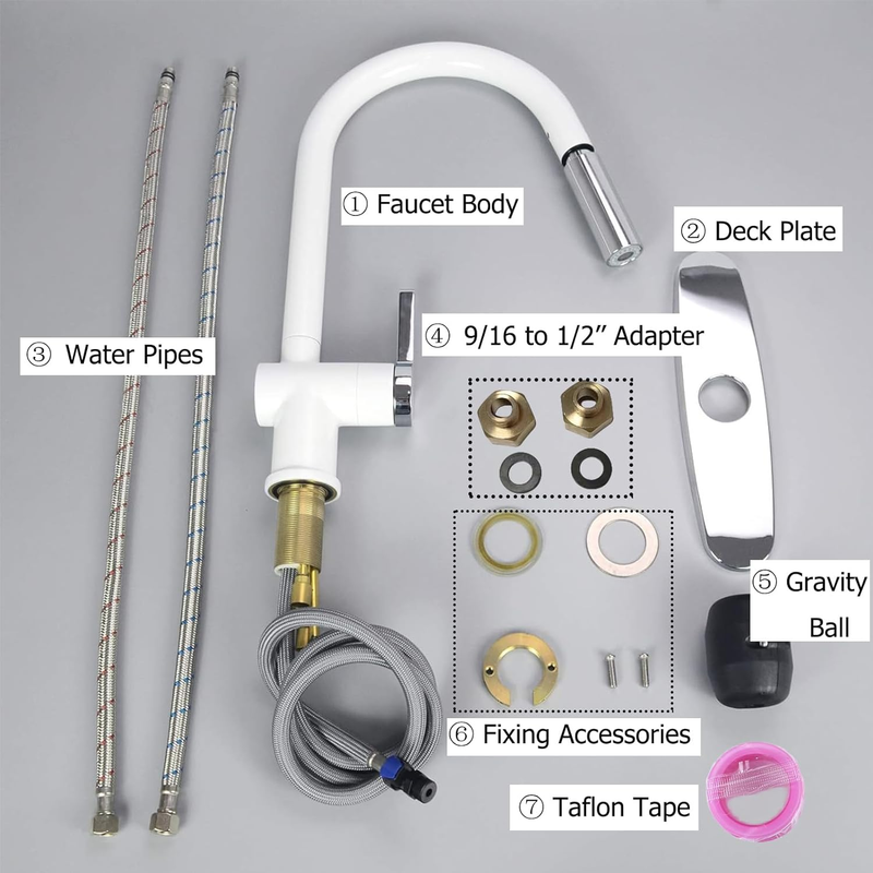 White Kitchen Faucet, White Kitchen Faucets with Pull down Sprayer for 1 or 3 Ho