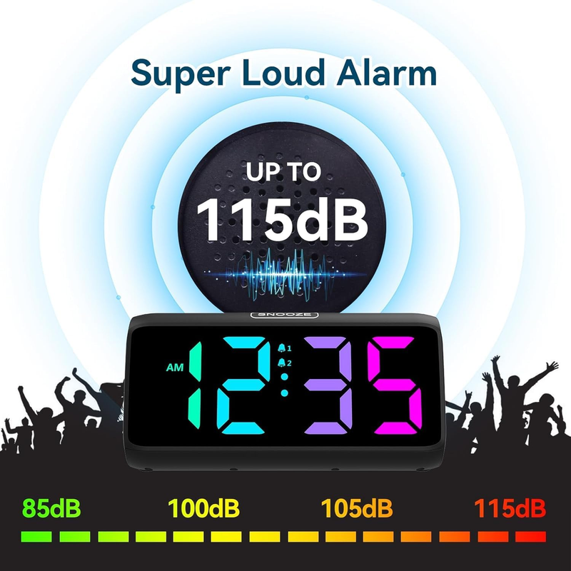 Digital Alarm Clock, RGB Loud Alarm Clocks for Bedrooms Heavy Sleepers Seniors K