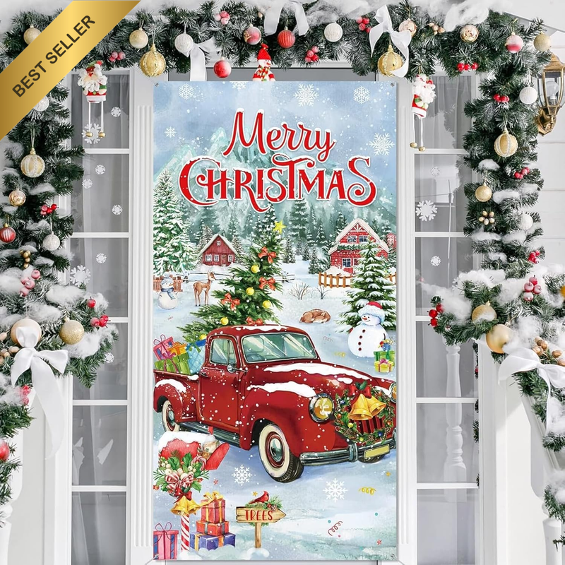 1PC Red Truck Christmas Door Cover Festive Front Door Decoration Party Backdrop