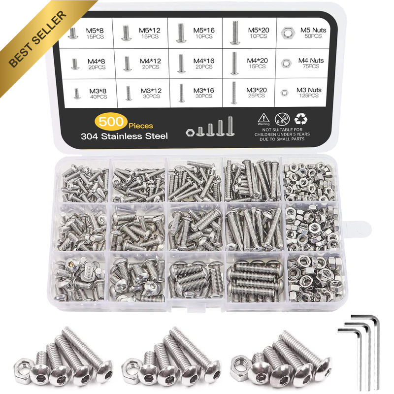 500 PCS Bolts Nuts Kit M3 M4 M5 Screw Sets Stainless Steel Hex Button Head Socke