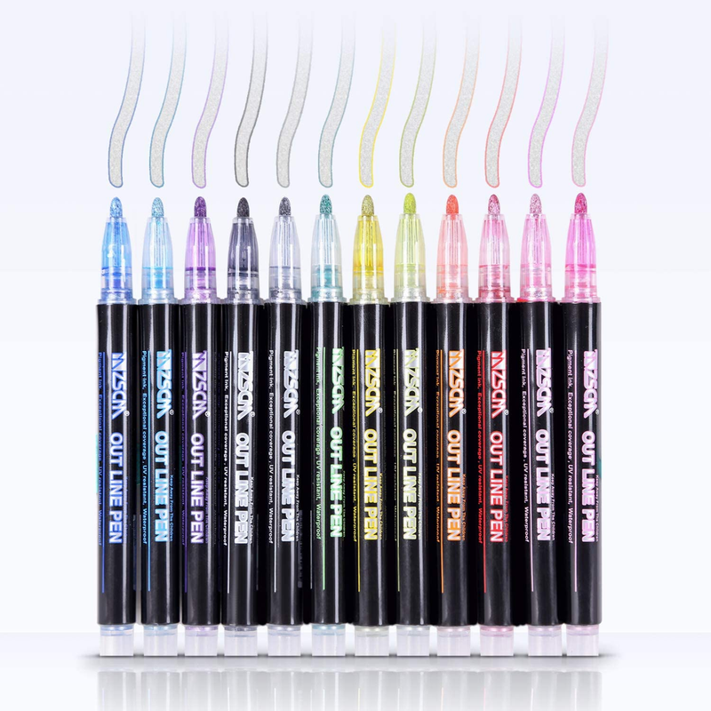 12 Color Doodle Dazzle Shimmer Markers Set Outline Super Squiggles for Gift Card