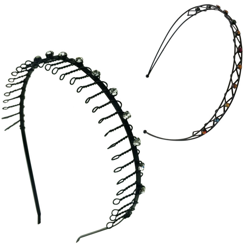 2 Pcs Hairband Comb Headband Metal Wire Teeth With Clear Rhinestones + Multi 