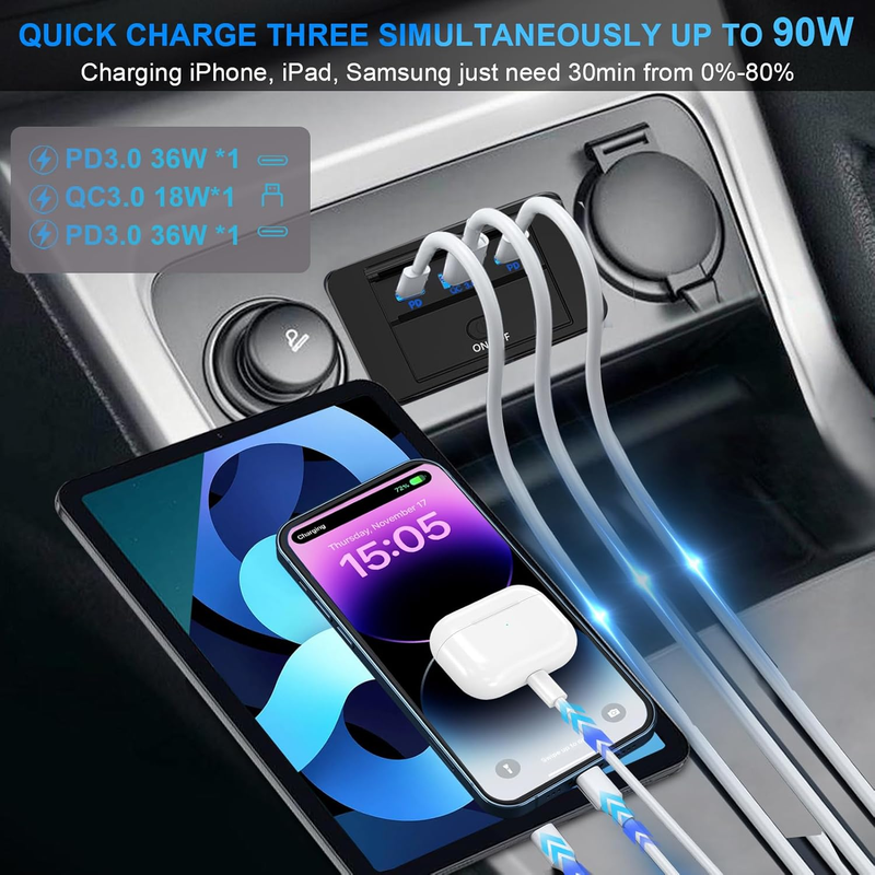 2PCS 3 Ports 12V RV USB Outlet 90W,  Dual PD3.0 Type-C Quick Charge 72W & USB QC