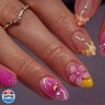 24Pcs Pink Flower Press on Nails Short Almond Fake Nails 3D Floral with Gold Shell Pearl Designs Glitter Glue on Nail Full Cover Summer Beach False Nails Ocean Stick on Nail for Women Acrylic