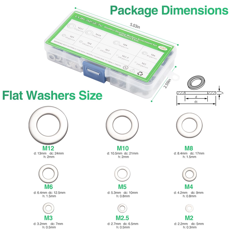 304 Stainless Steel Flat Washers Set 580 Pieces, 9 Sizes - M2 M2.5 M3 M4 M5 M6 M