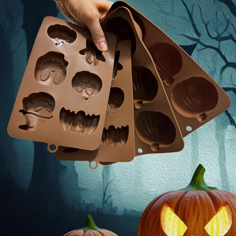 4PCS Halloween Themed Silicone Molds, 24 Cavity 3D Skeleton Pumpkin Ghost Bat To