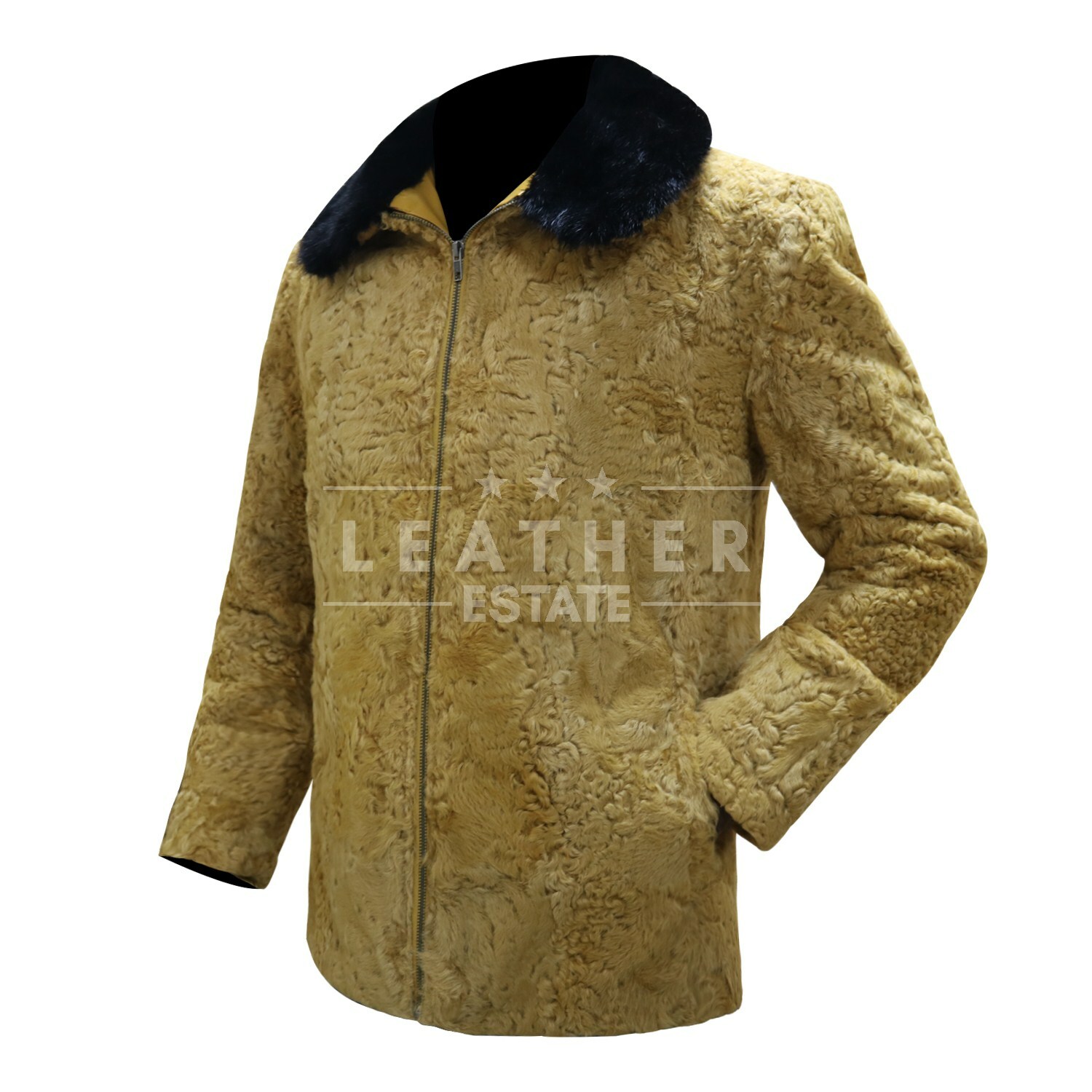 Pre-owned Leather Estate Mustard Persian Lamb Fur Coat With Real Mink Collar | Karakul Fur Jacket