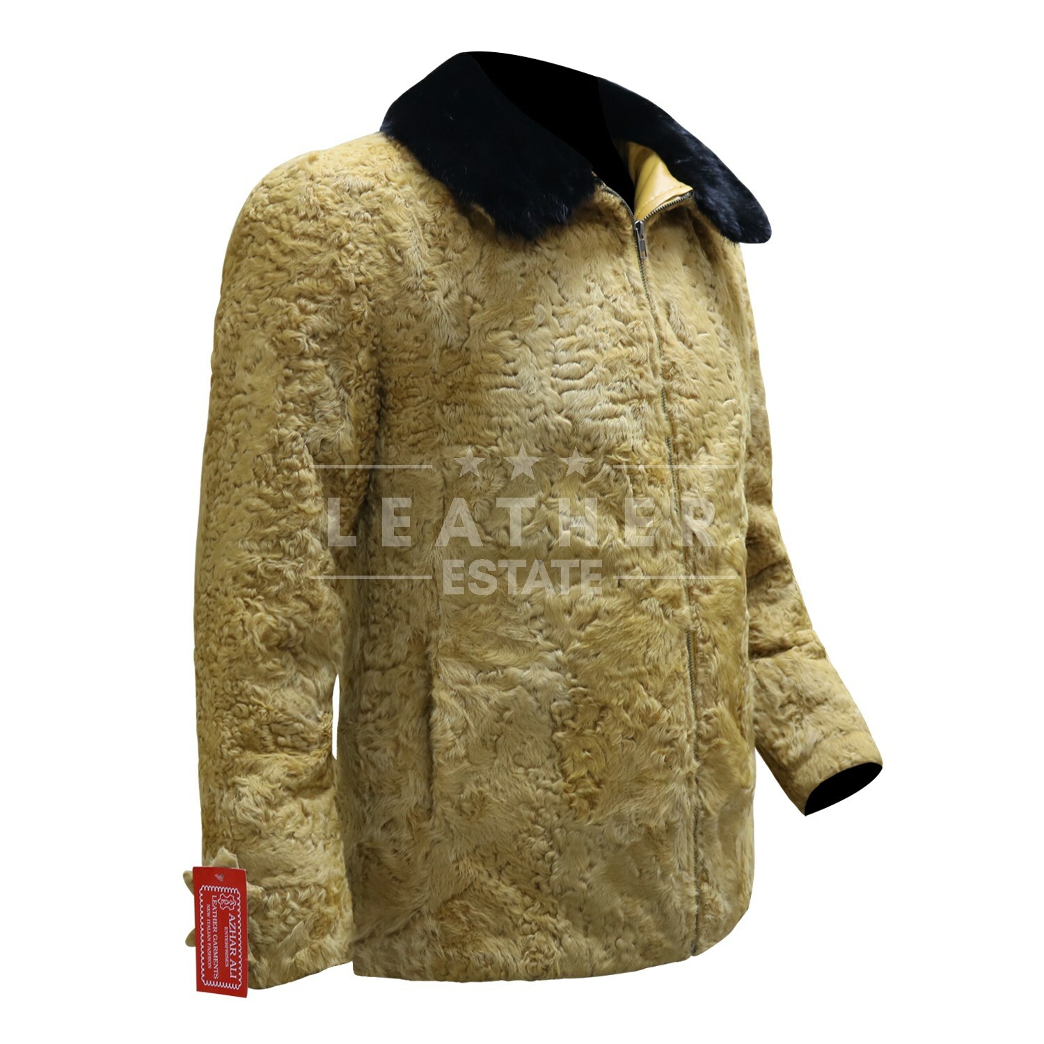 Pre-owned Leather Estate Mustard Persian Lamb Fur Coat With Real Mink Collar | Karakul Fur Jacket
