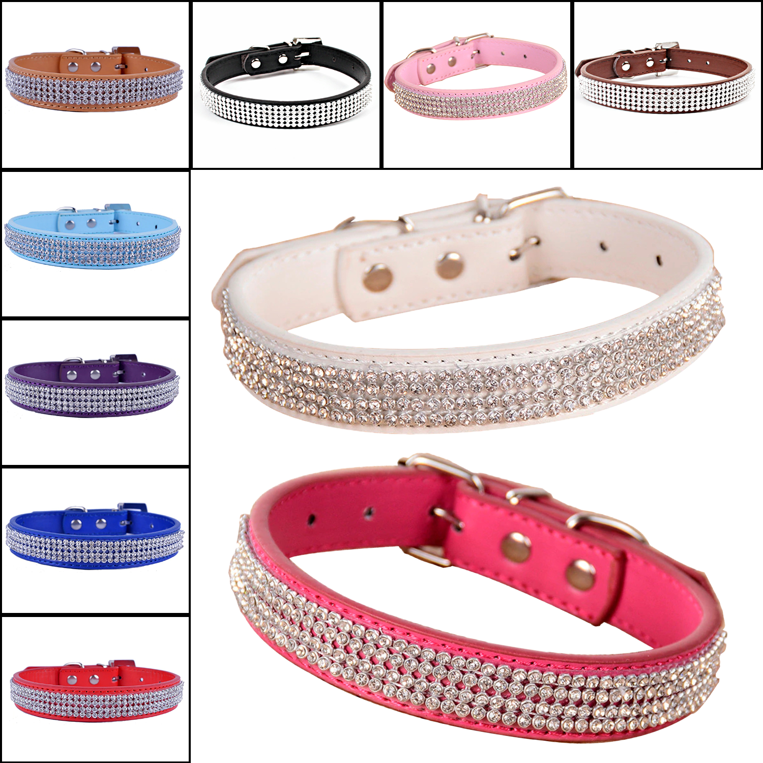 Dog Collar PU Leather Rhinestone Diamante Soft Bling Cat Dog Puppy Pet S/M/L