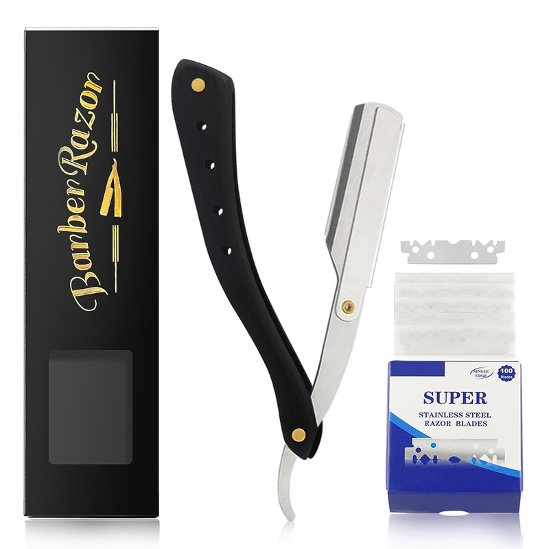 Professional Wooden Handle Barber Straight Edge Razor with 100 Single Edge Blade