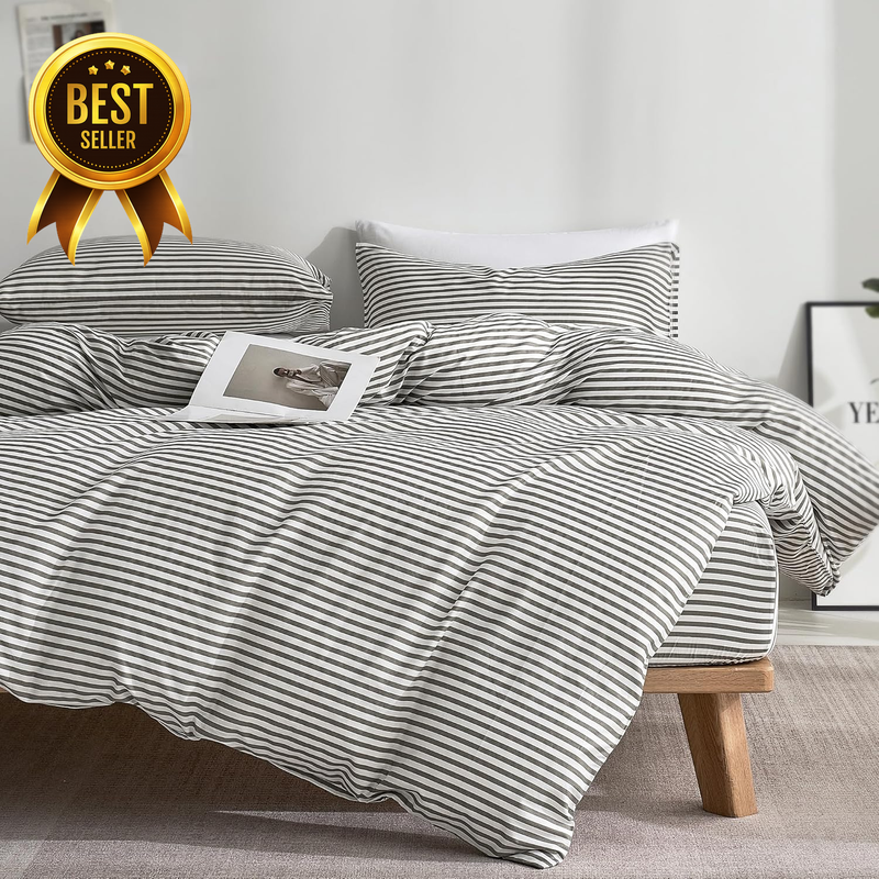 100% Cotton Classic Striped Queen Duvet Cover Set, Grey