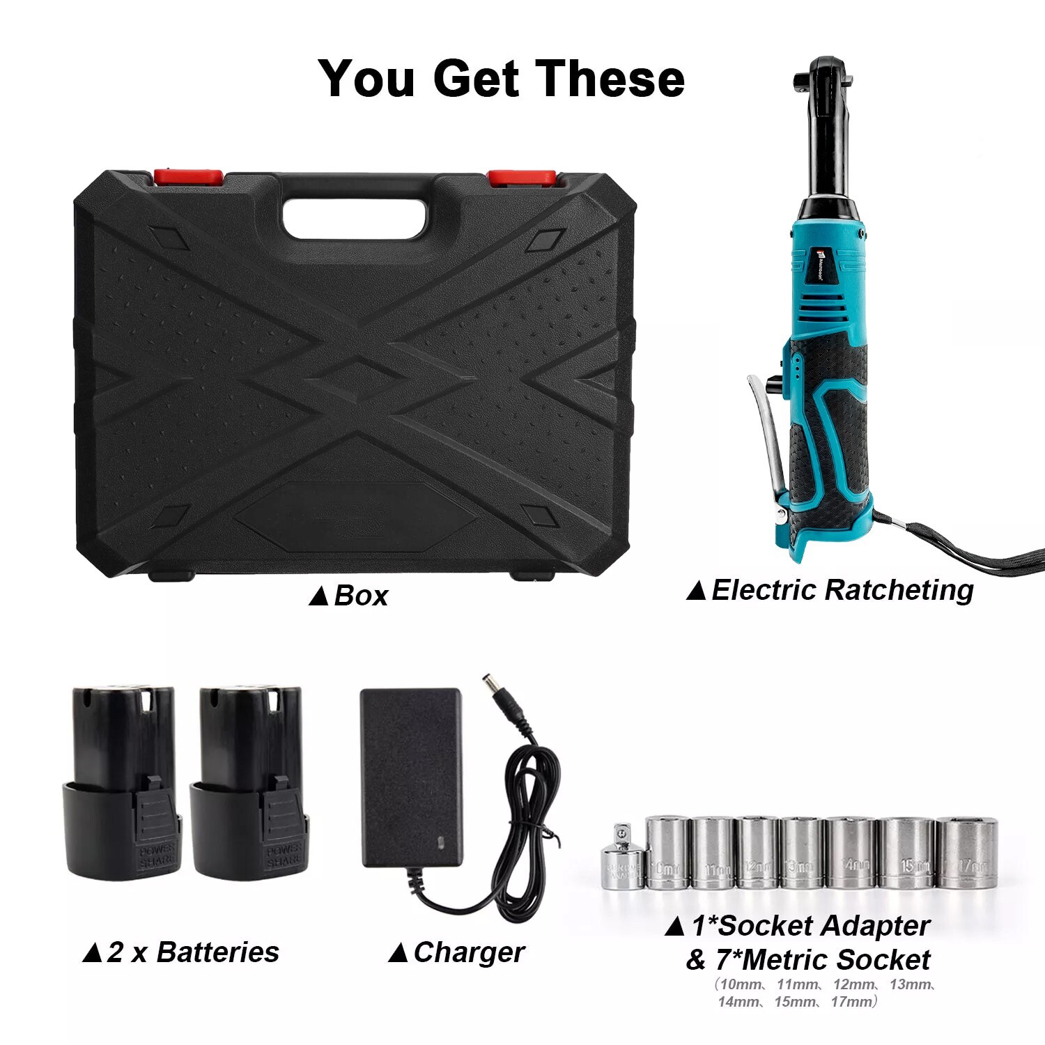 1/4&3/8'' Cordless Ratchet Right Angle Wrench Impact Power Tool 2 Battery 60NM