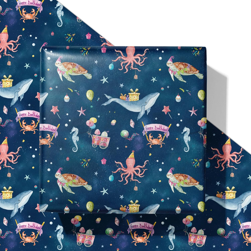 Ocean Birthday Wrapping Paper for Boys Girls Kids - Navy Blue Gift Wrap with Wha